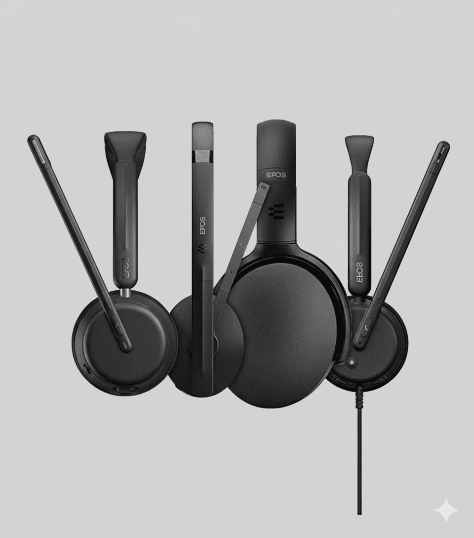 A sleek professional headset on a stand